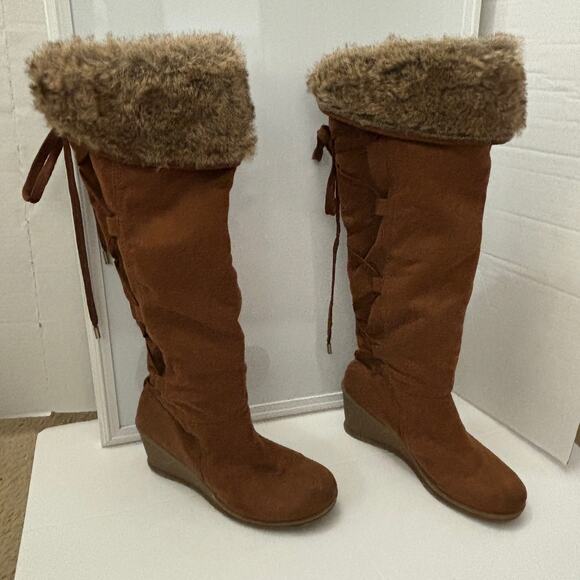 Decree DC Boulder Brown Lace Up Faux Fur Lined Knee-High Wedge Snow Boots Size 9 - Picture 2 of 12